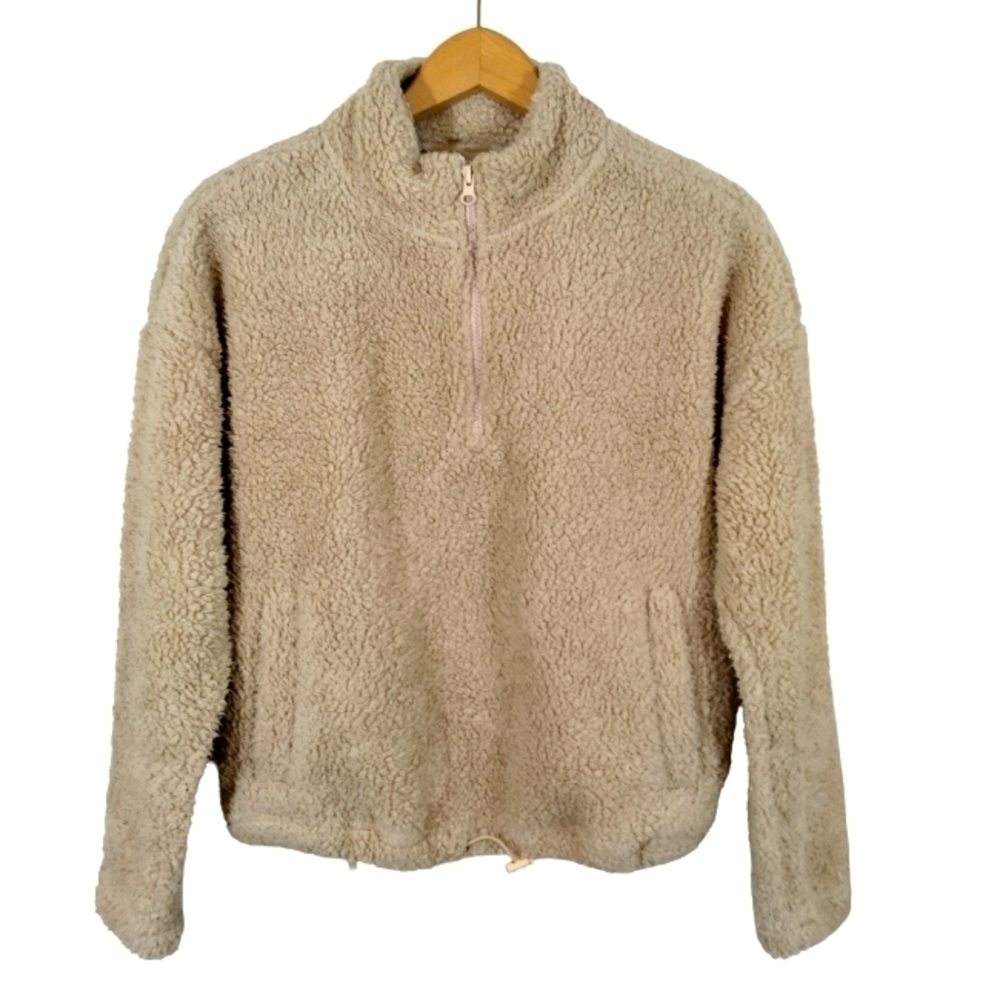 Hippie Rose 1/4 Zip Fleece Pullover Top Small Pockets Drawstring Faux Fur